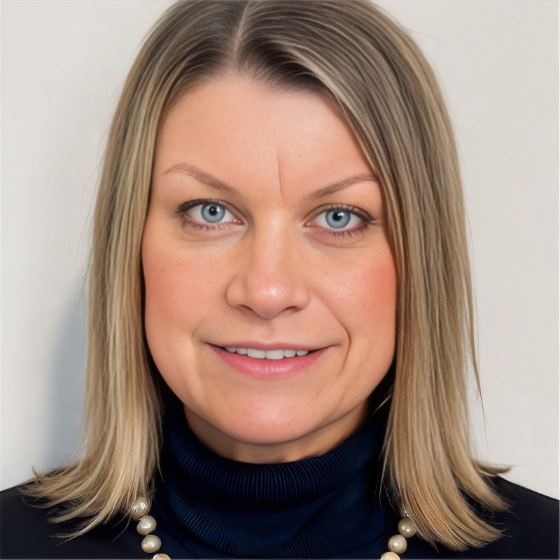 Woman with blonde hair and blue eyes wearing a dark turtleneck against a plain background - Her name is Karla