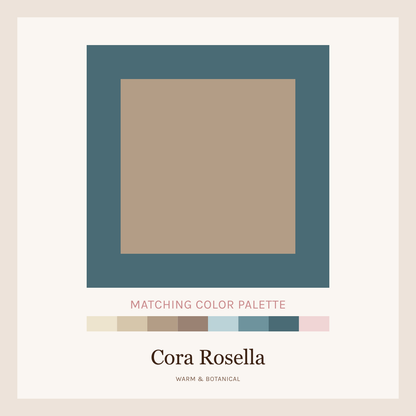 Color palette swatch with a teal border and color swatches below, featuring the brand 'Cora Rosella'.