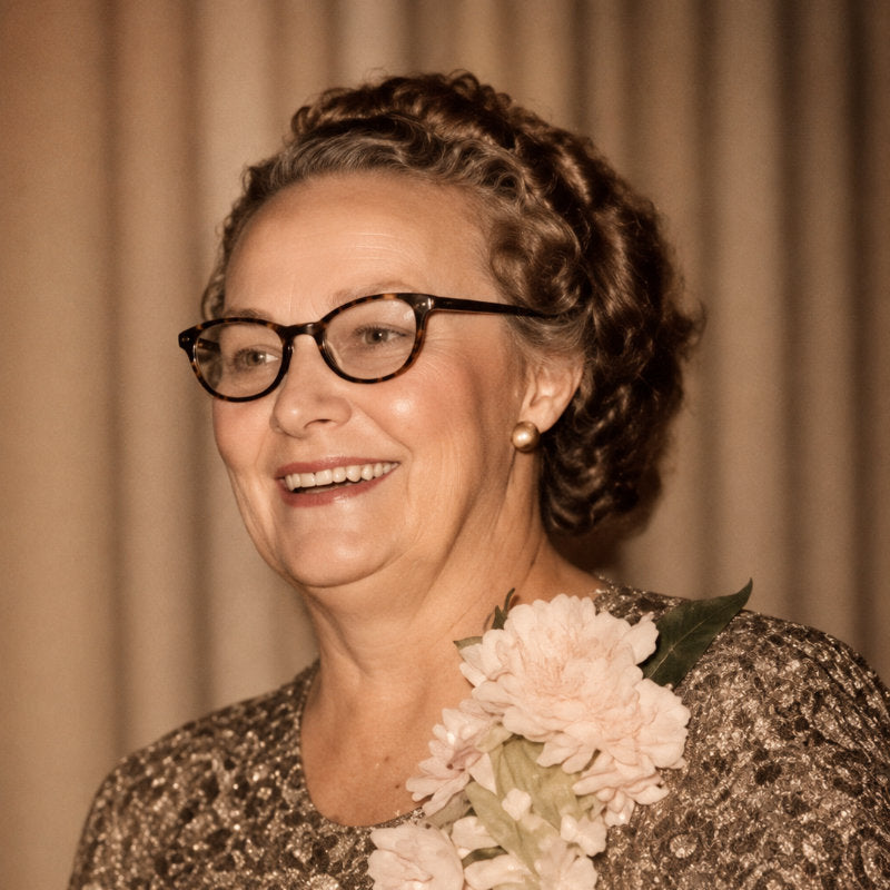 Woman wearing glasses and a patterned top with flowers, against a beige curtain background