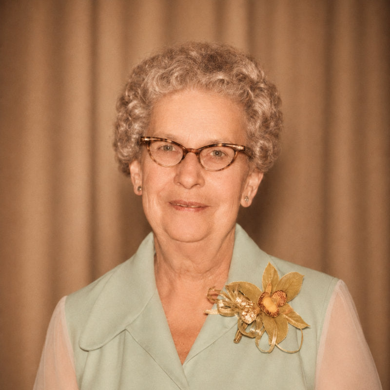 Woman wearing glasses and a light green blouse with a decorative brooch against a beige curtain background
