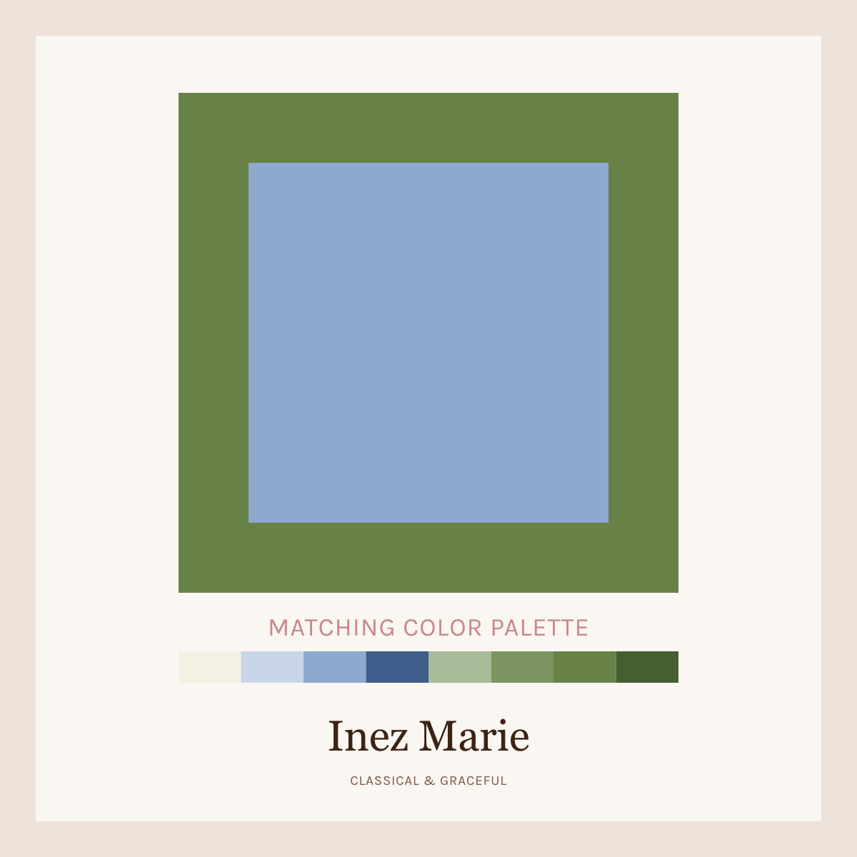 Color palette card with a blue square and green border, featuring the brand 'Inez Marie'.