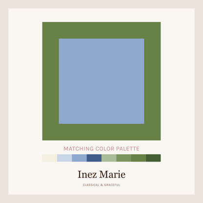 Color palette card with a blue square and green border, featuring the brand 'Inez Marie'.